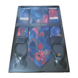 Vintage Andhurst Suspenders and Matching Tie Geometric Floral Blue Red